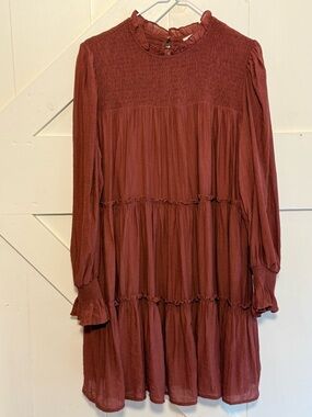 Entro Medium Rust Terracotta Smocked Tiered Ruffle Mini Dress Boho